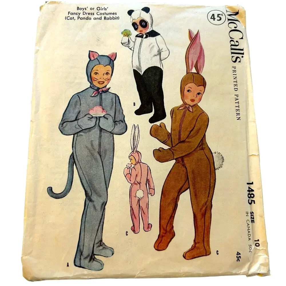 McCalls Vintage 1940's Pattern #1485 Kids Costumes Cat, Panda, Rabbit Size‎ 10